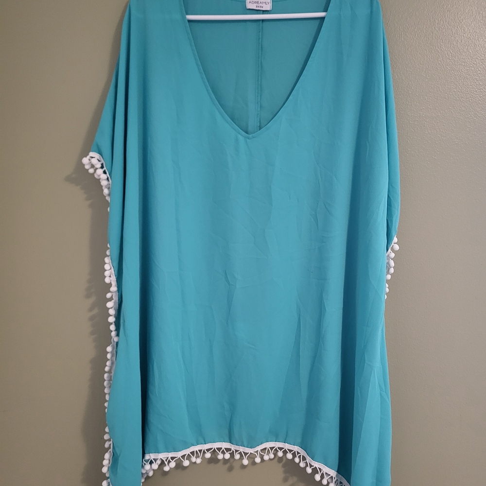 Turquoise Pom-Pom Trim Swim Coverup